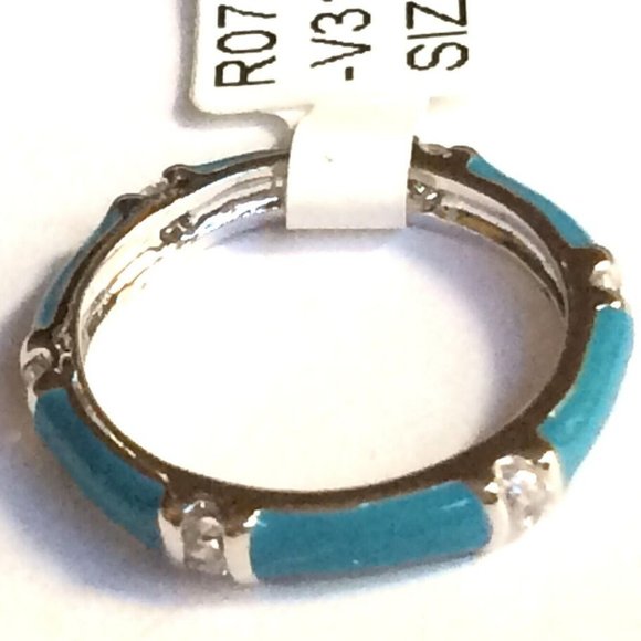 Aqua Enamel Eternity Ring Band Size 5 Cubic Zirconia Silver Rhodium Plated - Picture 7 of 9